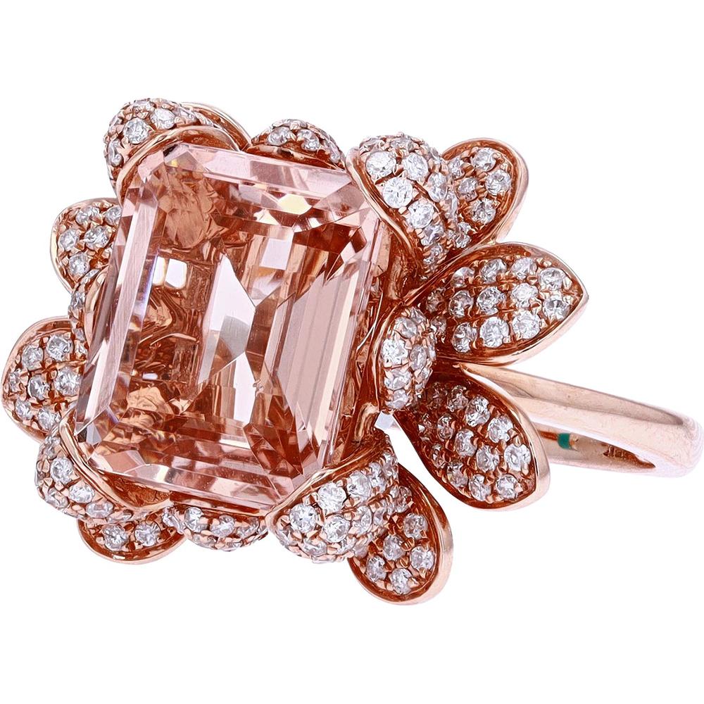 14K Rose Gold EFFY Emerald Cut Morganite Flower Ring with 1.19 Carat Pavé Diamonds - 5.50 Carat Total Morganite - Image 2