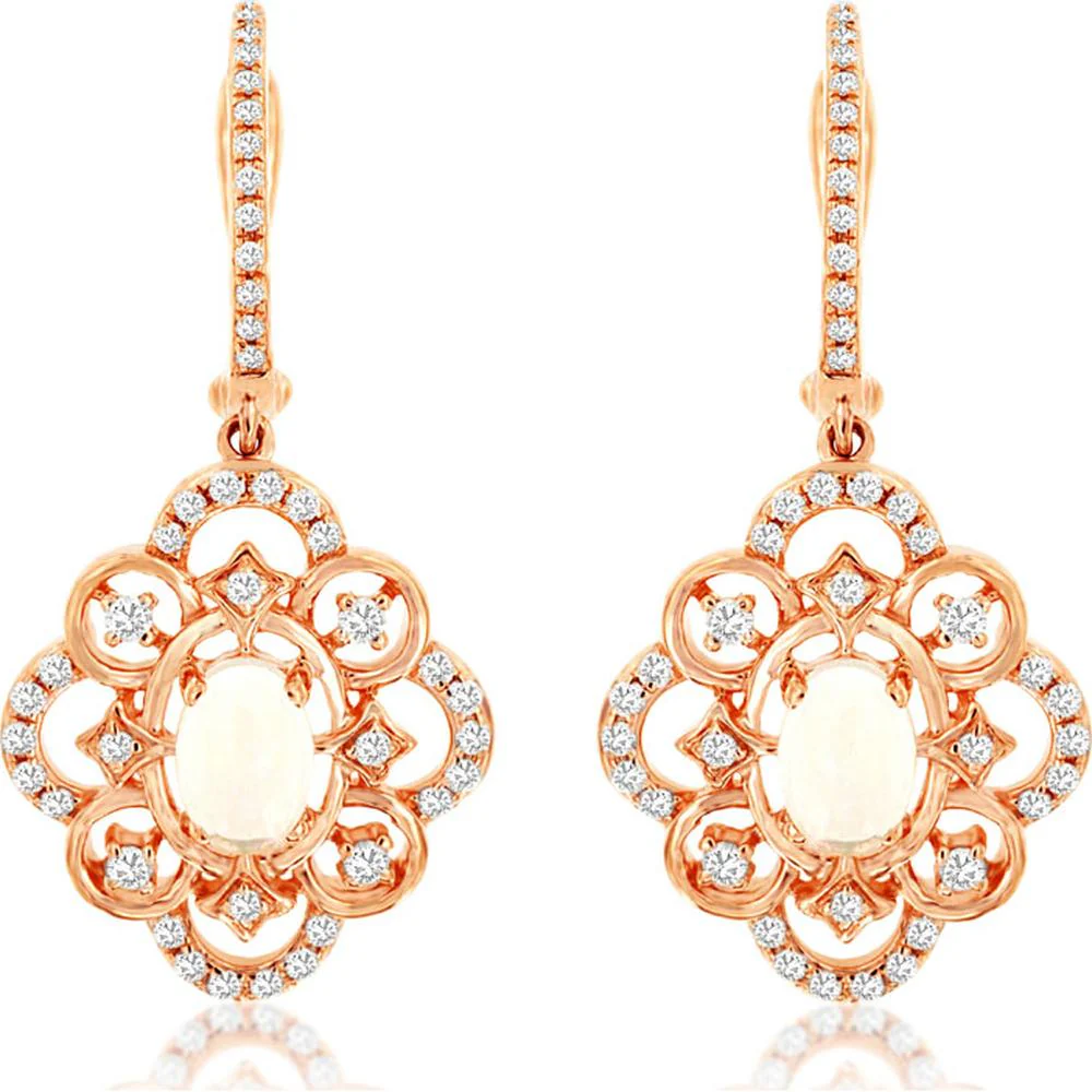 14K Rose Gold Floral Drop Earrings with Oval Opals and Round Diamonds - 0.60 Carat Total Opal Weight and 0.45 Carat Total Diamond Weight - Royal Jewelry