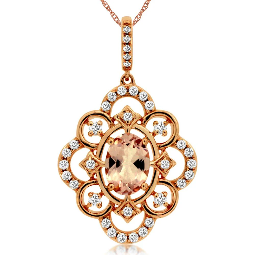 14K Rose Gold Floral Halo Pendant with 0.65 Carat Oval Morganite and 0.24 Carat Round Diamond Accents - Royal Jewelry