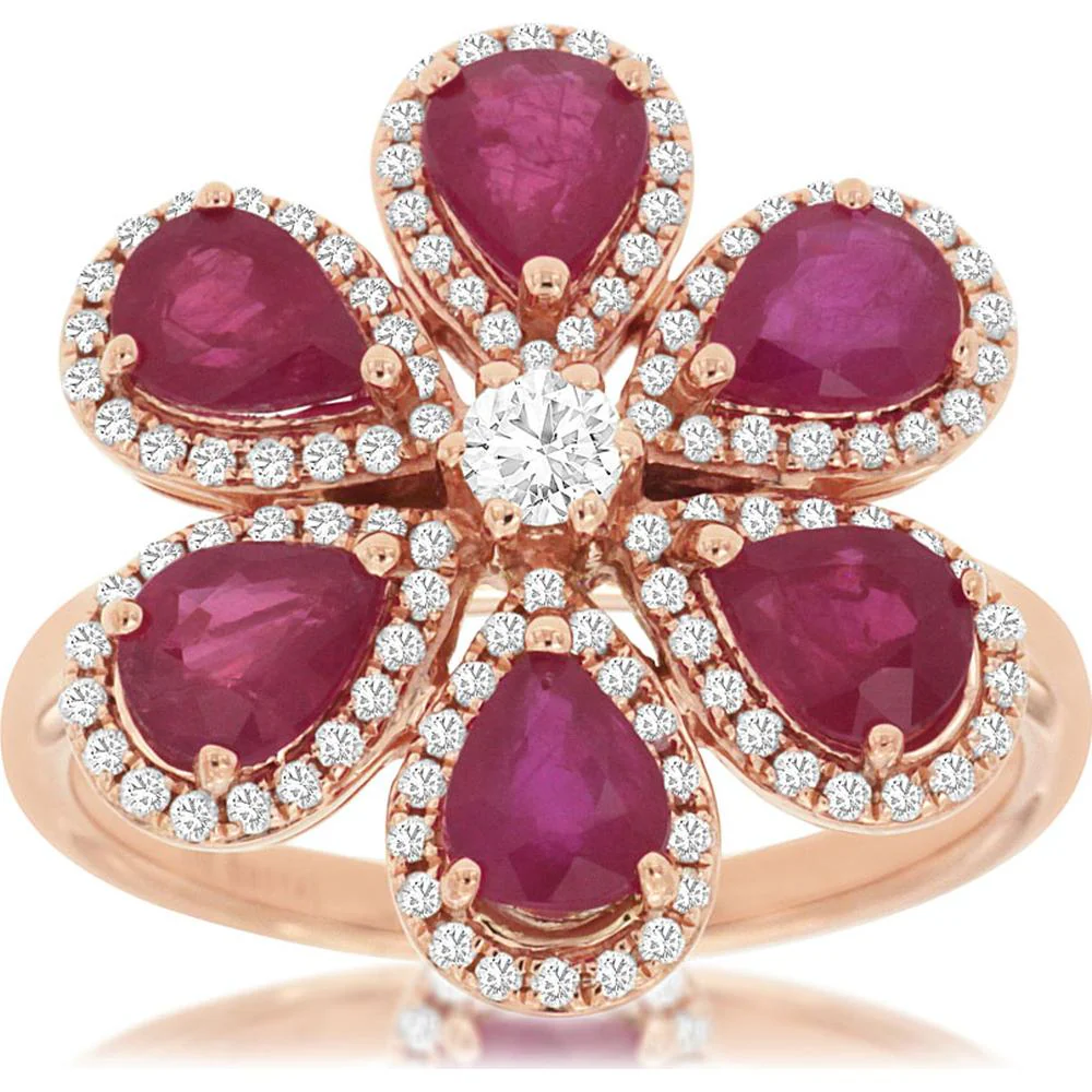 14K Rose Gold Floral Ring with Pear-Shaped Ruby Petals (2.00ct) and Round Diamond Center (0.40ct) - Halo Setting - Royal Jewelry