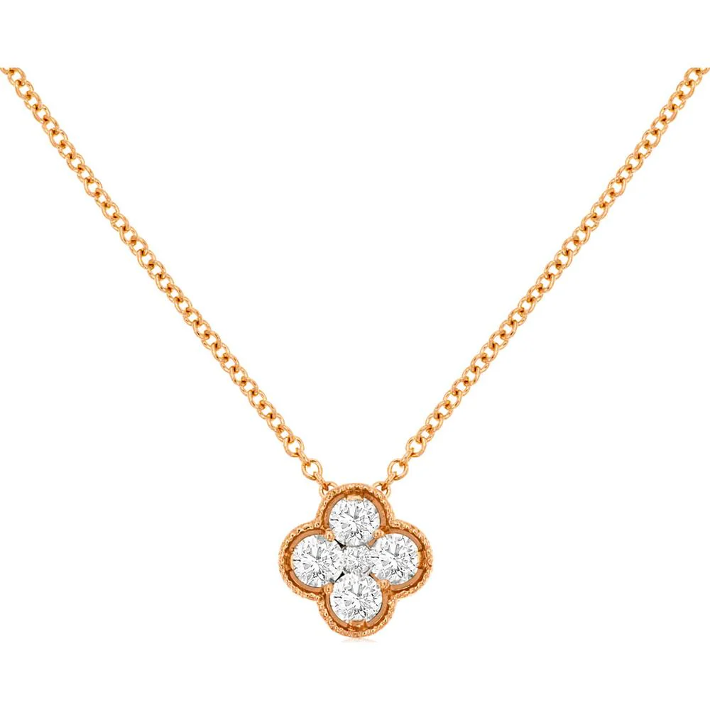 14K Rose Gold Flower Pendant Necklace with Round Diamonds - 0.26 Carat Total Diamond Weight - Royal Jewelry