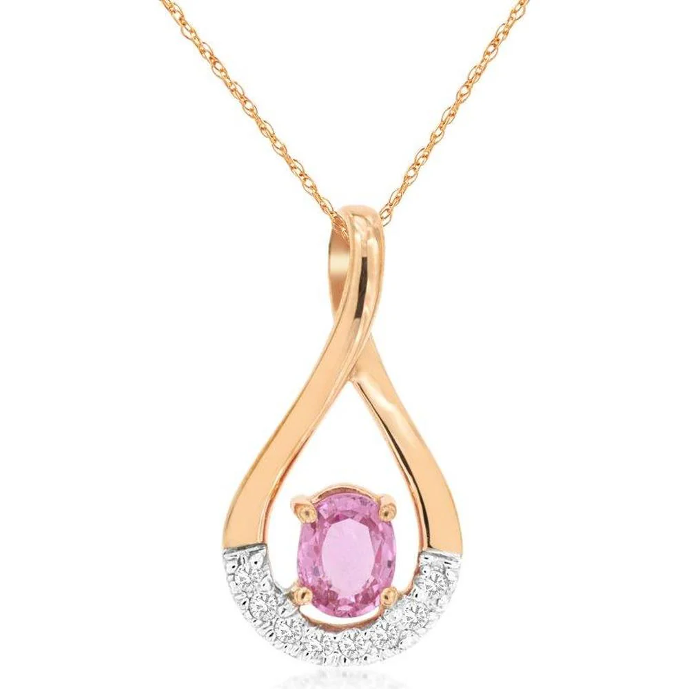 14K Rose Gold Free-Form Pendant with Prong-Set Oval Pink Sapphire and Round Diamond Accents - 0.44 Carat Pink Sapphire & 0.06 Carat Total Diamond Weight - Royal Jewelry