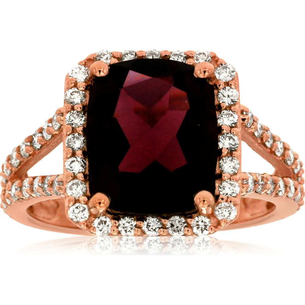 14K Rose Gold Garnet & Diamond Cushion Cut Halo Ring - 4.70 Carats Garnet, 1.00 Carat Total Diamond Weight - Royal Jewelry
