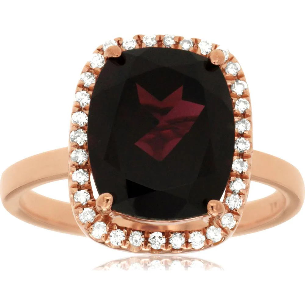 14K Rose Gold Garnet & Diamond Halo Ring - 4.70 Carats Garnet & 0.18 Carats Diamond Total Weight - Royal Jewelry