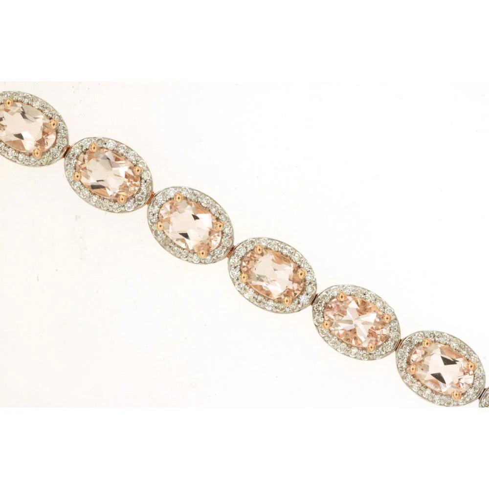 14K Rose Gold Halo Bracelet with Oval Morganite and Diamond Accents - 8.00 Carat Morganite, 1.40 Carat Diamond Total Weight - Royal Jewelry