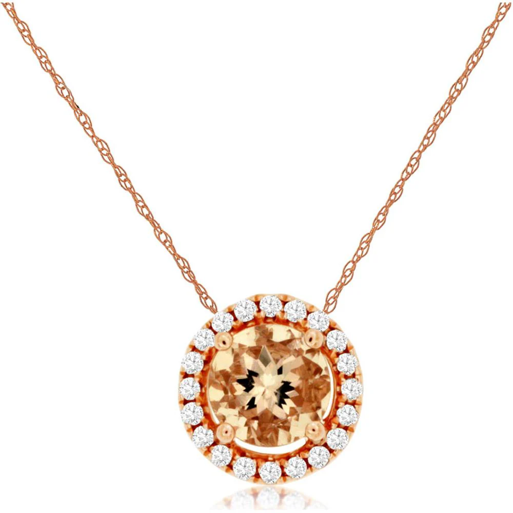 14K Rose Gold Halo Pendant with Round Morganite (0.38 Carat) and Diamond Accents (0.08 Carat Total) - Royal Jewelry