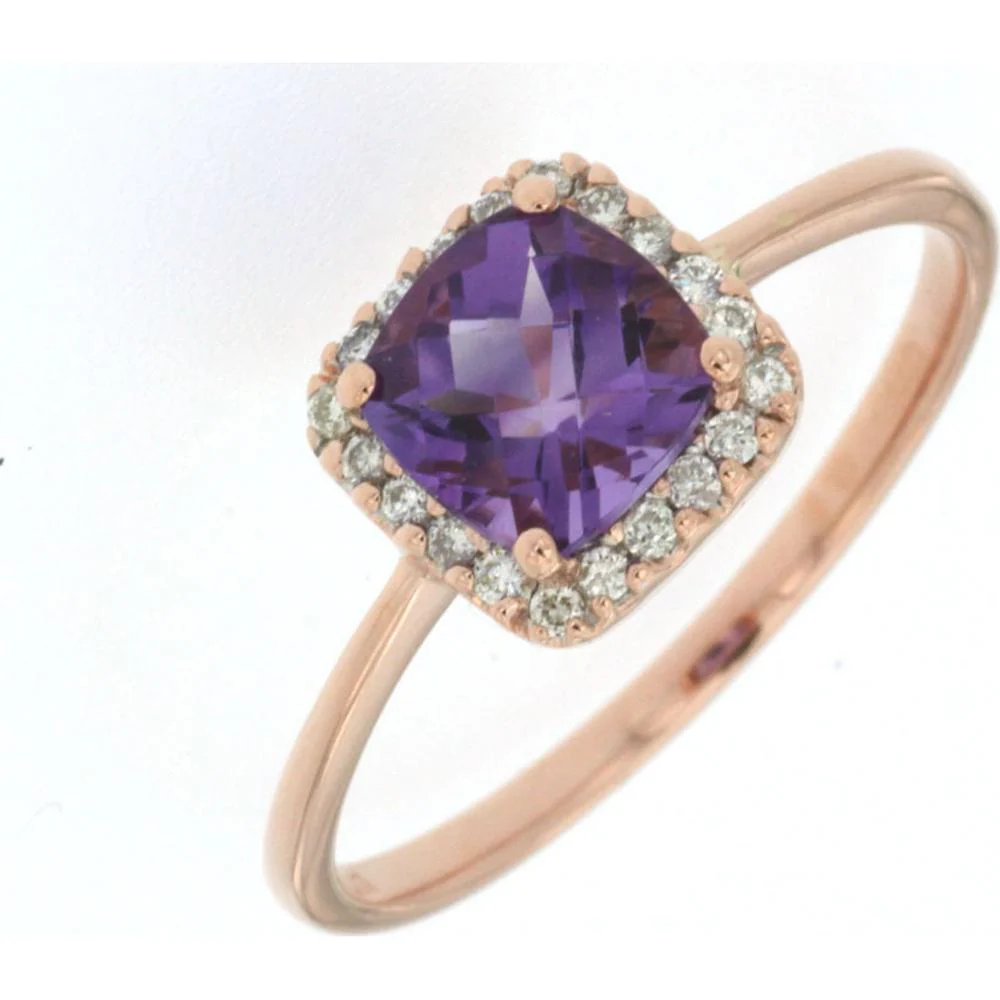 14K Rose Gold Halo Ring with 0.95 Carat Cushion Cut Amethyst and 0.11 Carat Round Diamond Accents - Royal Jewelry