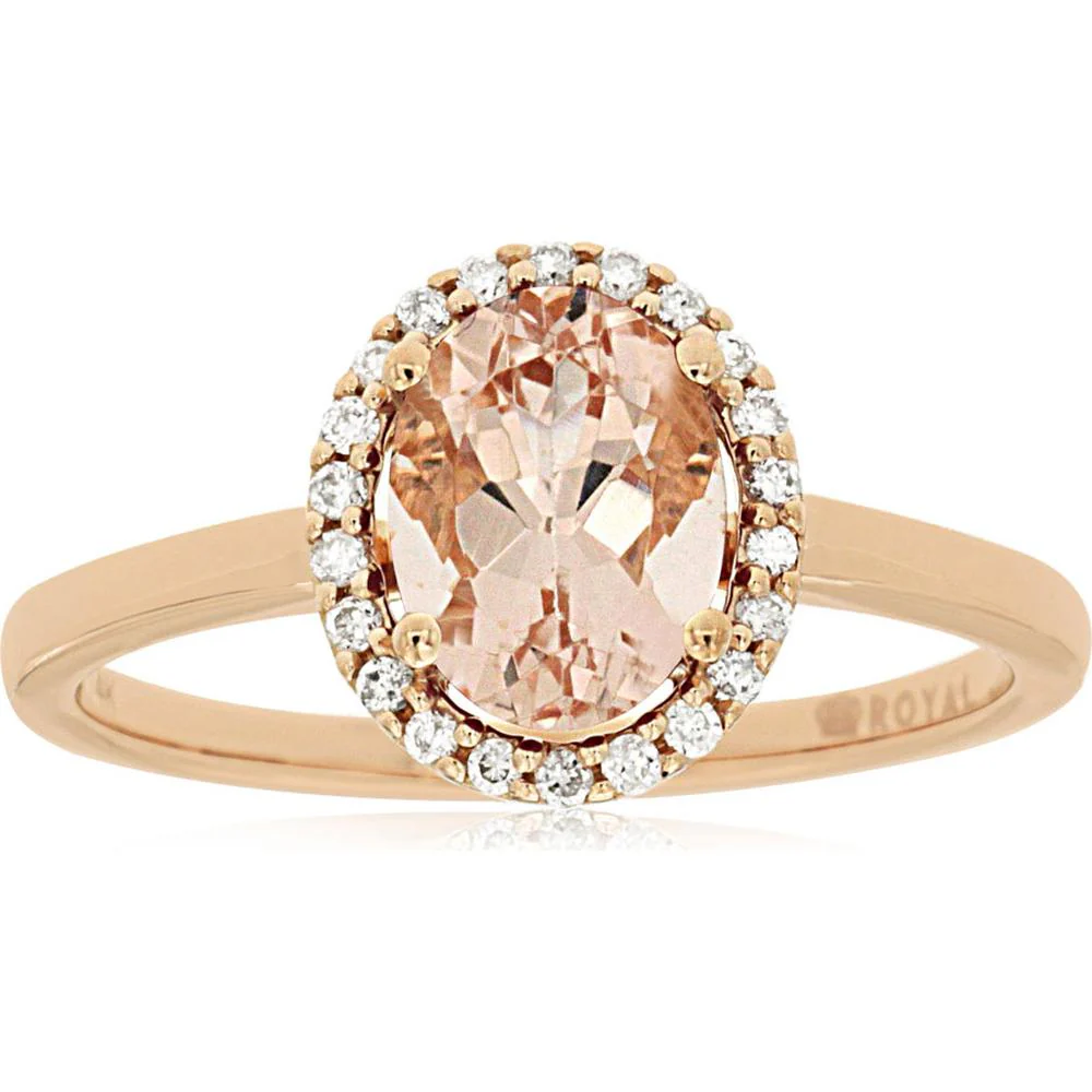 14K Rose Gold Halo Ring with 1.00 Carat Oval Morganite and 0.12 Carat Round Diamond Accents - Royal Jewelry