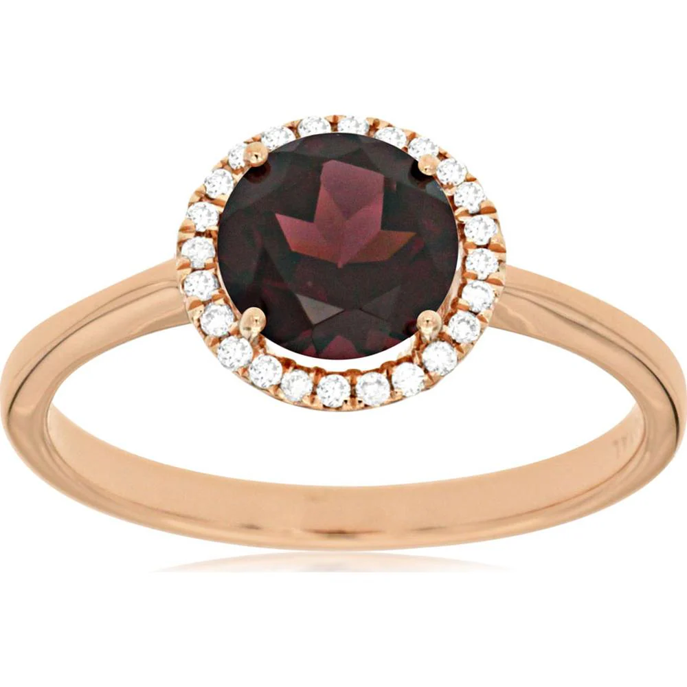 14K Rose Gold Halo Ring with 1.55 Carat Round Rhodolite Garnet and 0.10 Carat Round Diamonds - Royal Jewelry