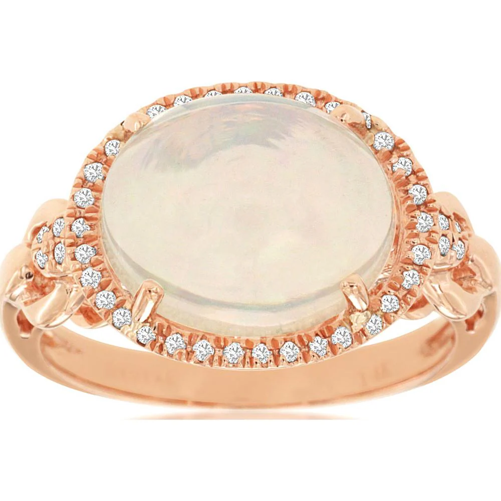 14K Rose Gold Halo Ring with 3.00 Carat Oval Opal and 0.18 Carat Diamond Accents - Royal Jewelry