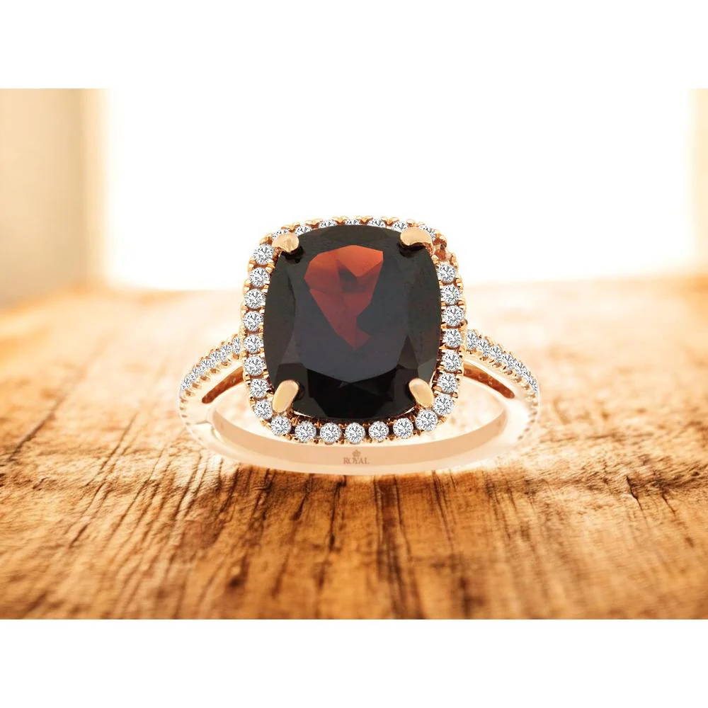 14K Rose Gold Halo Ring with 4.65 Carat Cushion Cut Garnet and 0.20 Carat Round Diamond Accents - Royal Jewelry - Image 2