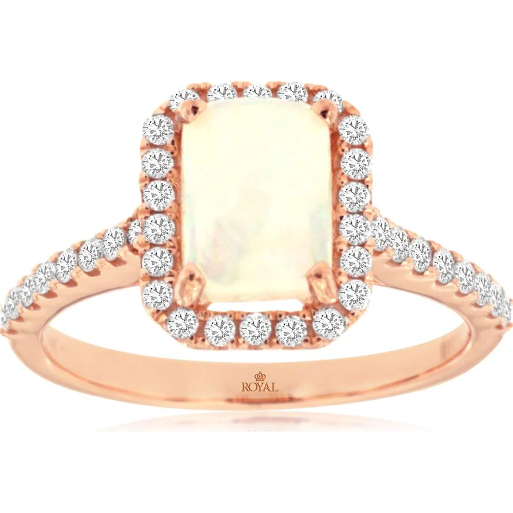 14K Rose Gold Halo Ring with Emerald Cut Opal and 0.45 Carat Round Diamond Accents - 0.90 Carat Opal Total Weight - Royal Jewelry