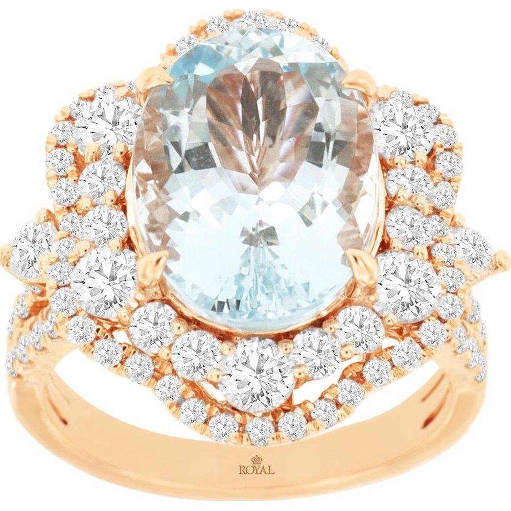 14K Rose Gold Halo Ring with Oval Aquamarine and 1.85 Carats of Round Diamonds - 7.35 Total Carat Weight - Royal Jewelry