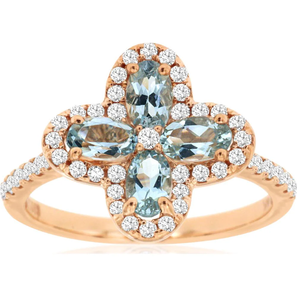14K Rose Gold Halo Ring with Oval Aquamarine Cluster and Round Diamonds - 0.80 Carat Aquamarine Total Weight, 0.40 Carat Diamond Total Weight - Royal Jewelry