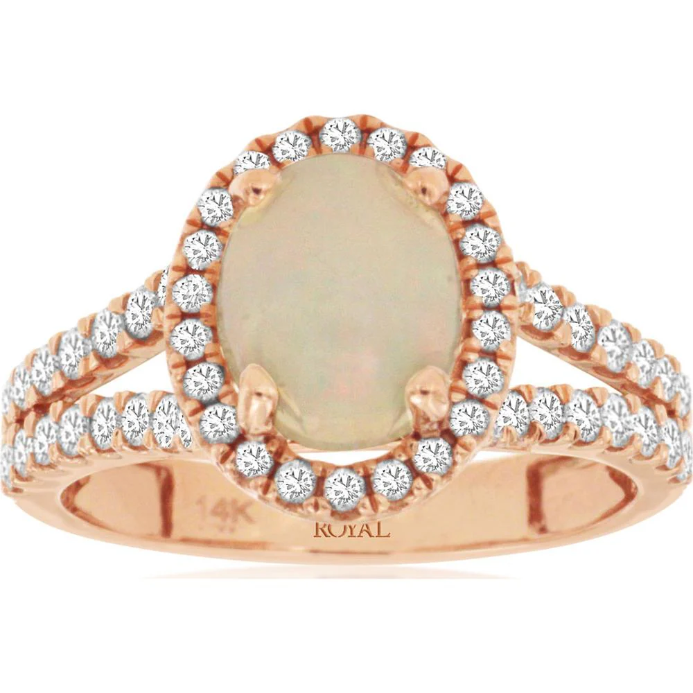 14K Rose Gold Halo Ring with Oval Cabochon Opal and Round Diamond Accents - 1.10 Carat Opal, 0.72 Carat Total Diamond Weight - Royal Jewelry
