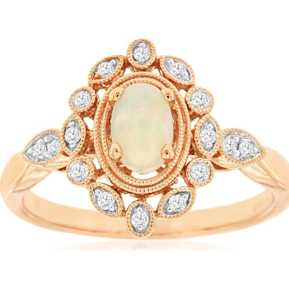 14K Rose Gold Halo Ring with Oval Opal and Round Diamond Milgrain Detailing - 0.30 Carat Opal, 0.13 Carat Diamond - Royal Jewelry