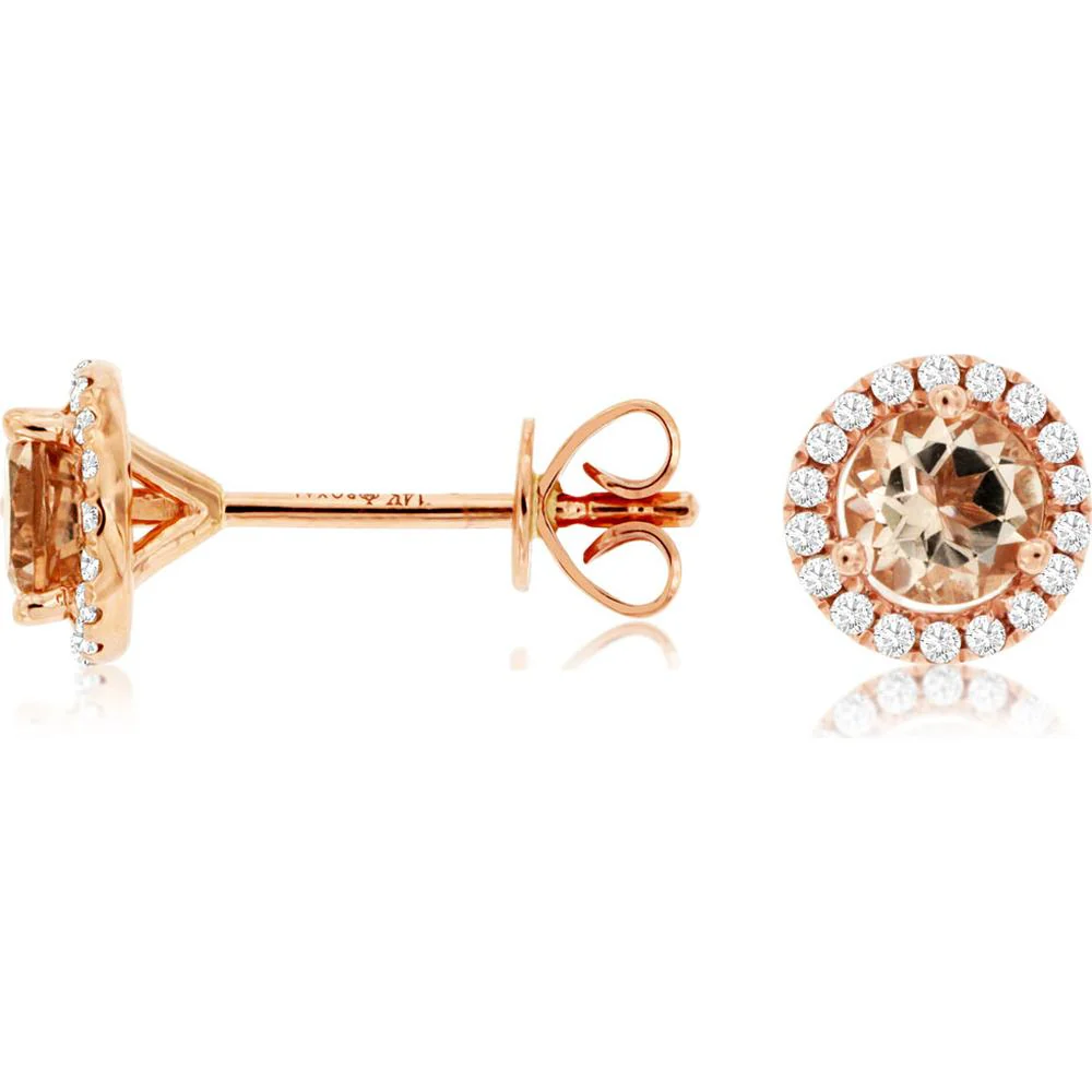 14K Rose Gold Halo Stud Earrings with Round Morganite and Diamond Accents - 0.70 Carat Morganite Total Weight and 0.14 Carat Diamond Total Weight - Royal Jewelry