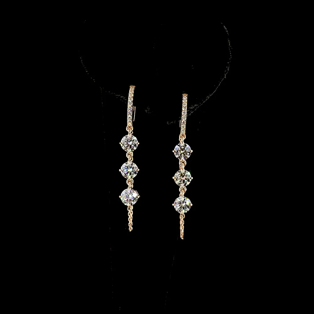 14K Rose Gold Hanging Drop Earrings with 3-Stone Prong Set Round Lab Diamonds - 3.33 Carats Total Diamond Weight - Covaloro Fine Jewelry