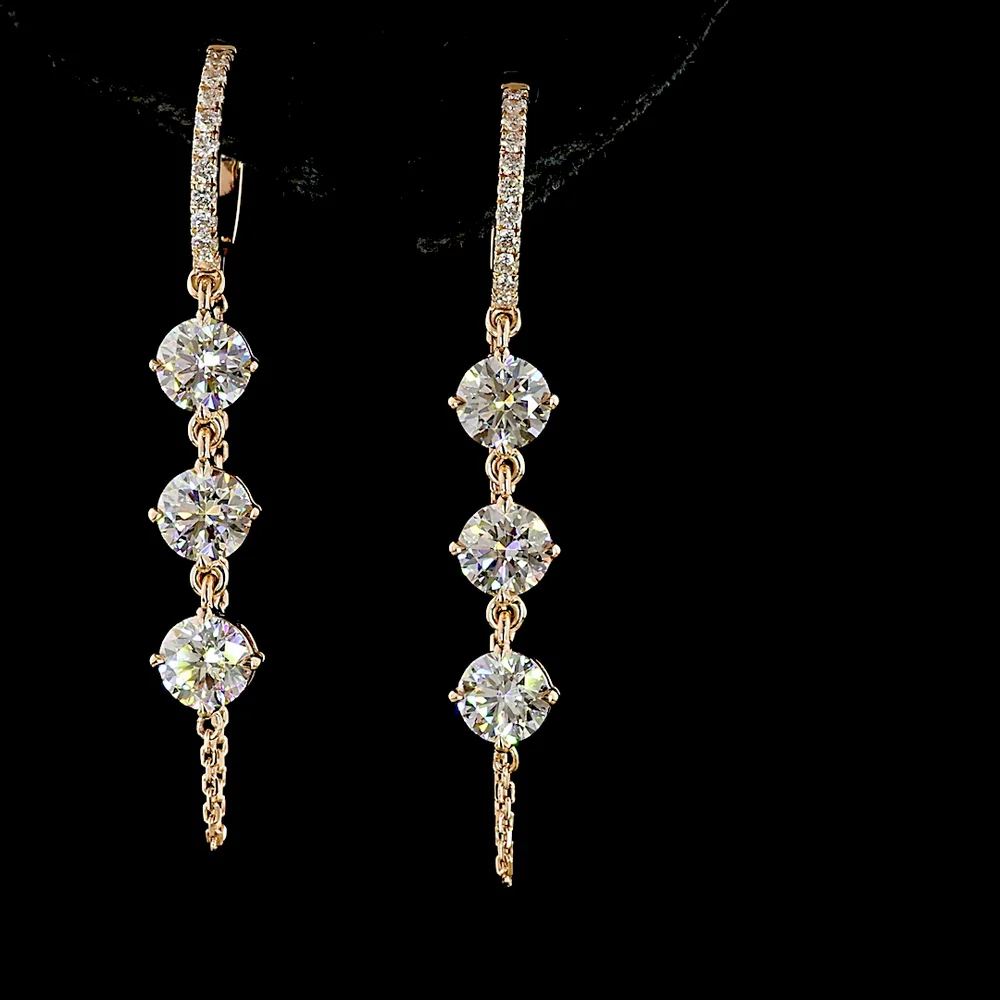 14K Rose Gold Hanging Drop Earrings with 3-Stone Prong Set Round Lab Diamonds - 3.33 Carats Total Diamond Weight - Covaloro Fine Jewelry - Image 2