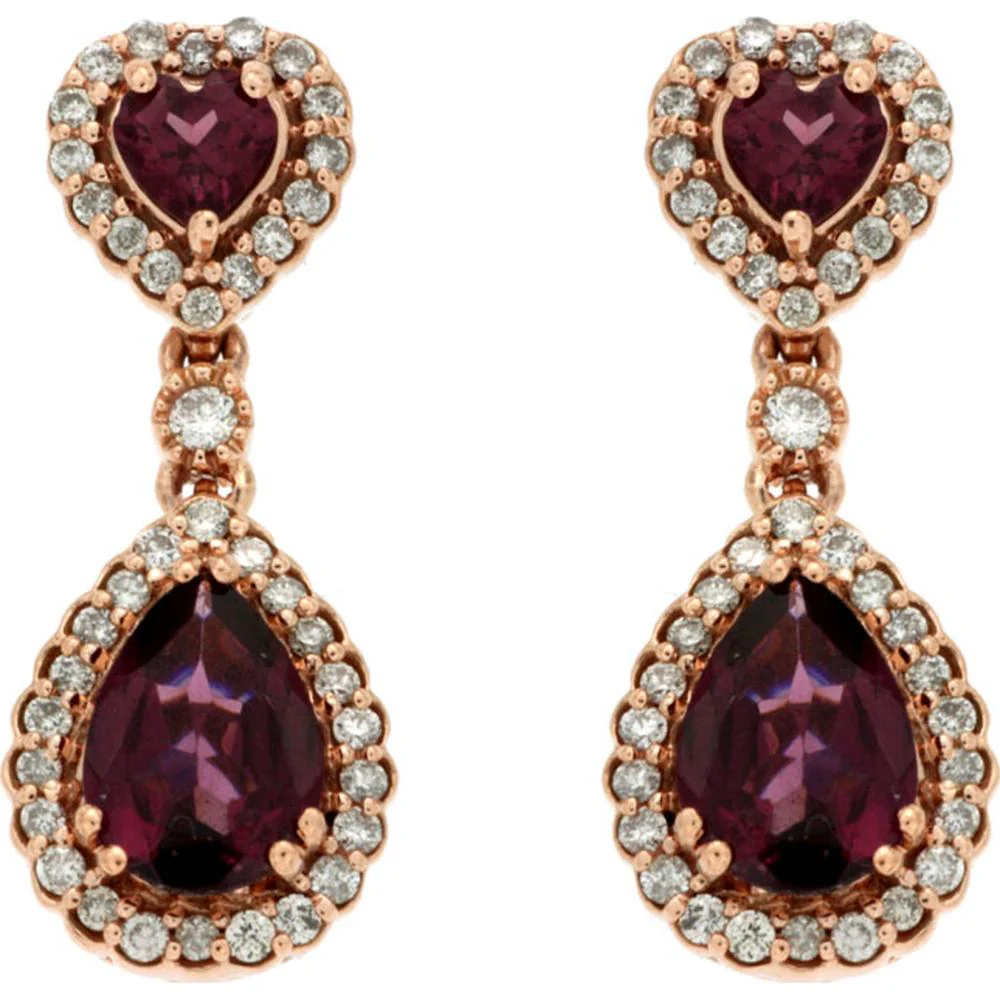 14K Rose Gold Heart & Pear Rhodolite and Diamond Drop Earrings - 0.75 Carat Diamond Total Weight, 2.10 Carat Rhodolite Total Weight - Royal Jewelry