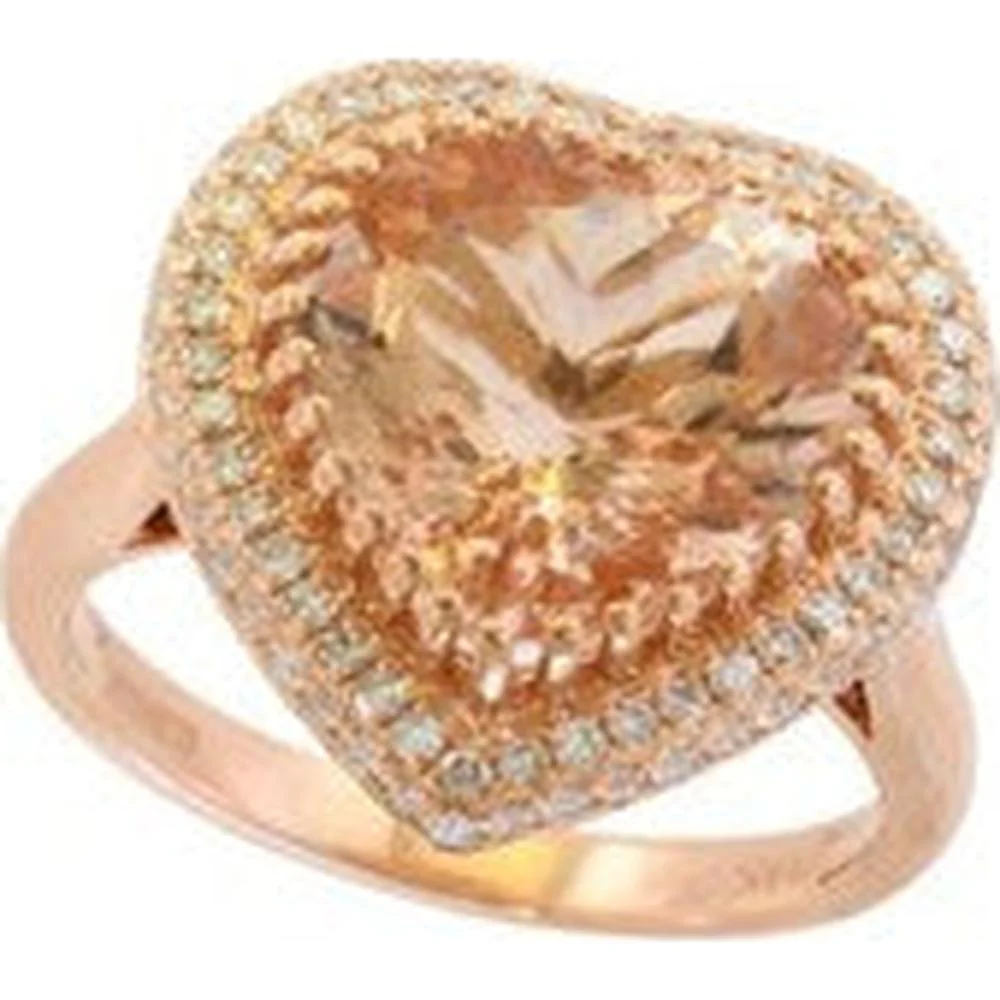 14K Rose Gold Heart Ring with 5.30 Carat Morganite and 0.41 Carat Diamond Halo by EFFY