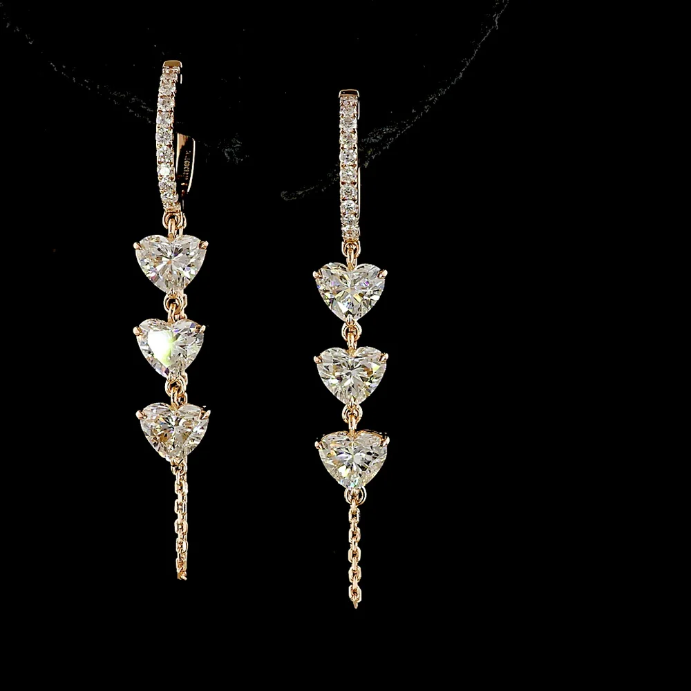 14K Rose Gold Heart Shape Hanging Earrings with Prong Set Lab Diamonds - 3.22 Carat Total Diamond Weight - Covaloro Fine Jewelry - Image 2