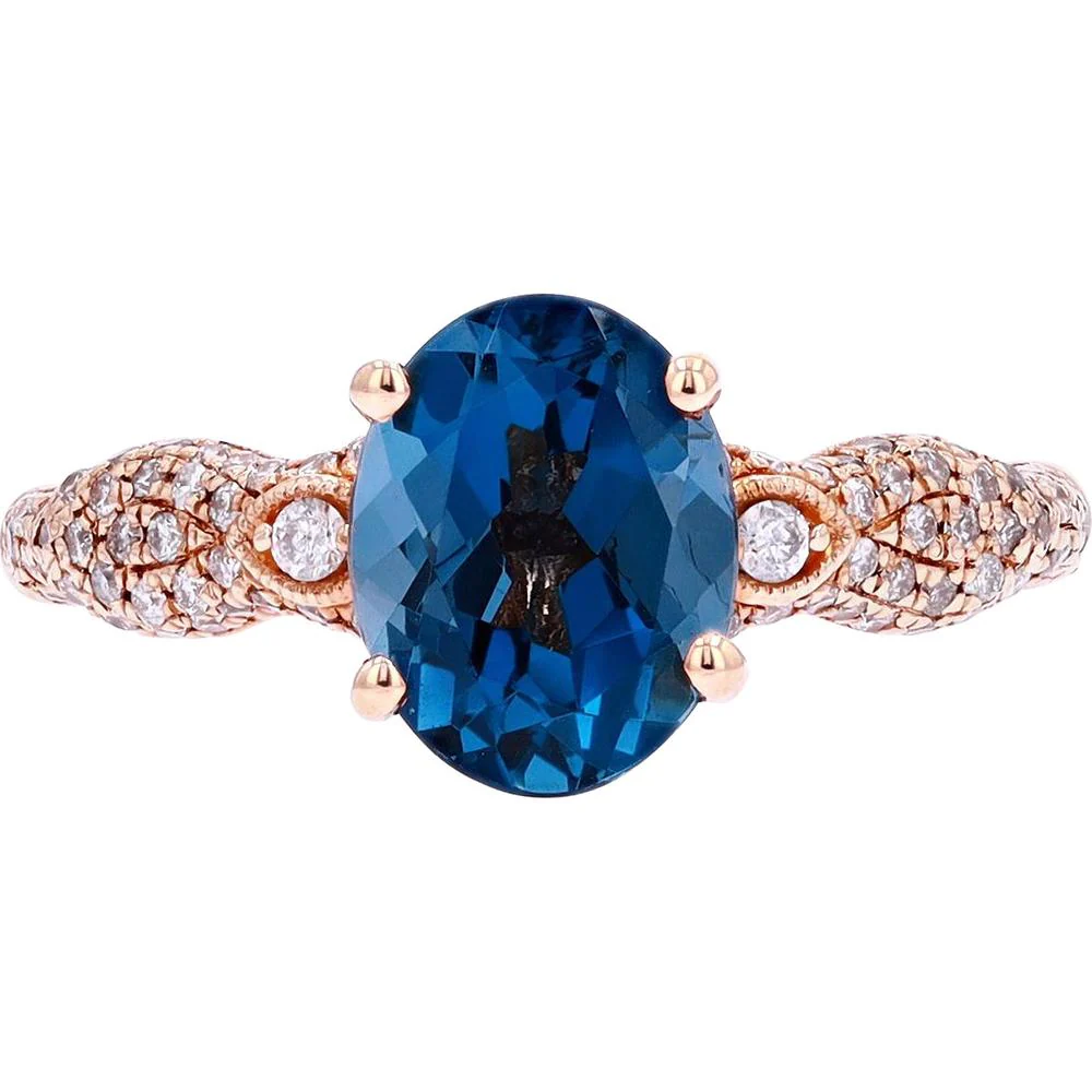 14K Rose Gold London Blue Topaz Ring with 1/2 Carat Pavé Diamonds - 2 3/8 Carat Total Gem Weight