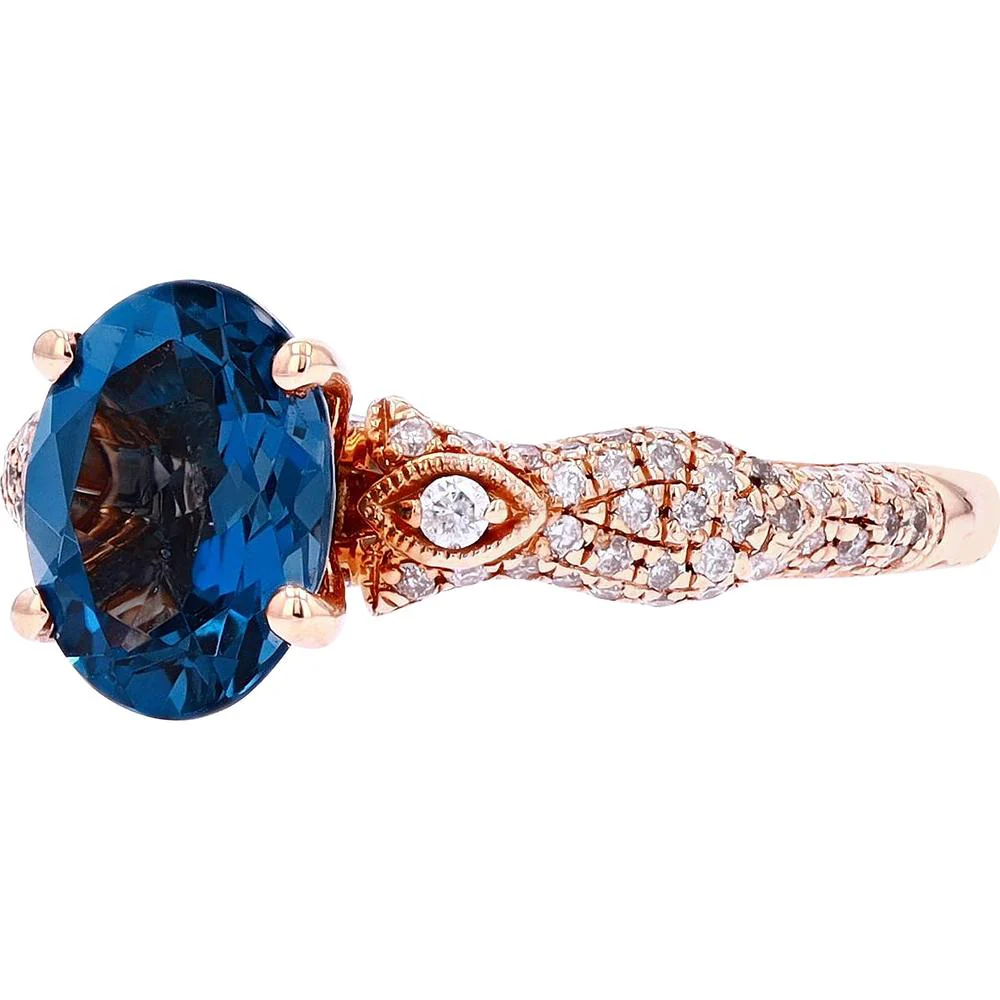 14K Rose Gold London Blue Topaz Ring with 1/2 Carat Pavé Diamonds - 2 3/8 Carat Total Gem Weight - Image 2