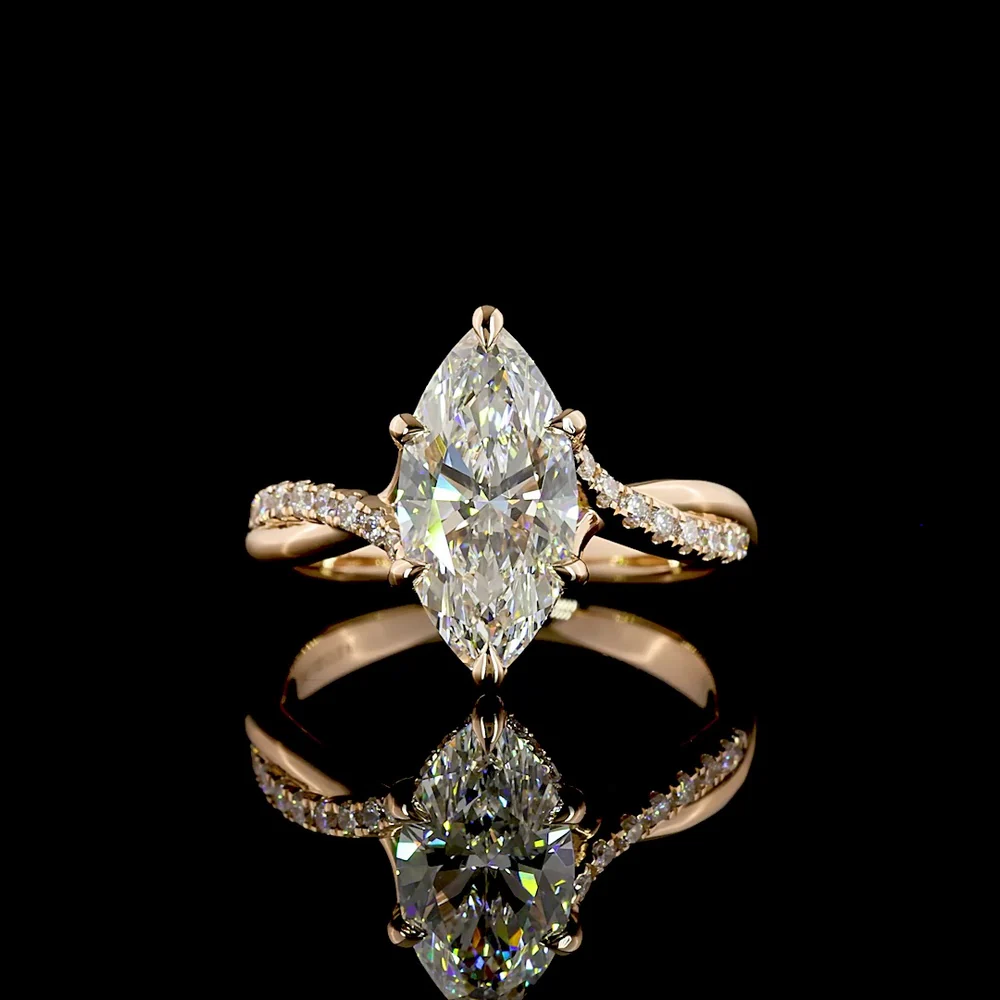 14K Rose Gold Marquise Cut Hidden Halo Ring with Twisted Pave Diamond Shank - 2.41 Carat Total Weight Lab Diamond (E VVS2 Center) - Covaloro Fine Jewelry