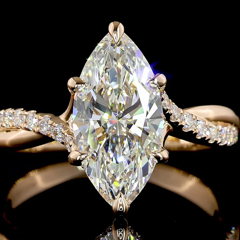 14K Rose Gold Marquise Cut Hidden Halo Ring with Twisted Pave Diamond Shank - 2.41 Carat Total Weight Lab Diamond (E VVS2 Center) - Covaloro Fine Jewelry - Image 2