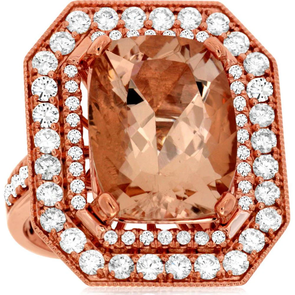 14K Rose Gold Morganite & Diamond Cushion Cut Halo Ring - 11.55 Carats Total Weight - Royal Jewelry