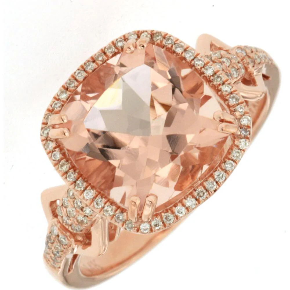 14K Rose Gold Morganite & Diamond Cushion Cut Halo Ring - 3.70 Carats Total Gem Weight - Royal Jewelry