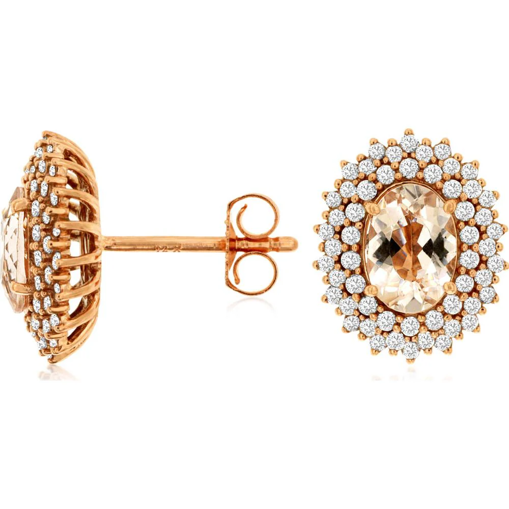 14K Rose Gold Morganite & Diamond Halo Earrings - 1.35 Carats Morganite, 0.50 Carats Total Diamond Weight - Royal Jewelry