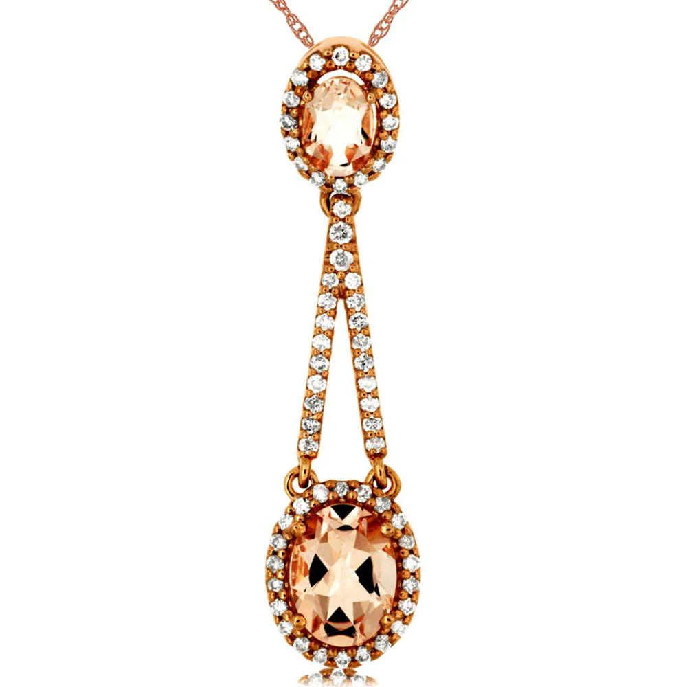 14K Rose Gold Morganite and Diamond Halo Pendant - 1.72 Carats Total Gem Weight - Royal Jewelry