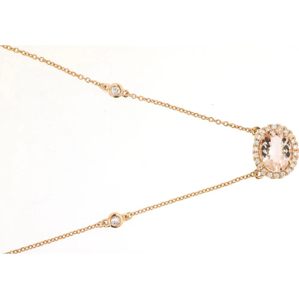 14K Rose Gold Morganite & Diamond Halo Pendant Necklace - 1.27 Carats Total Gemstone Weight - Royal Jewelry