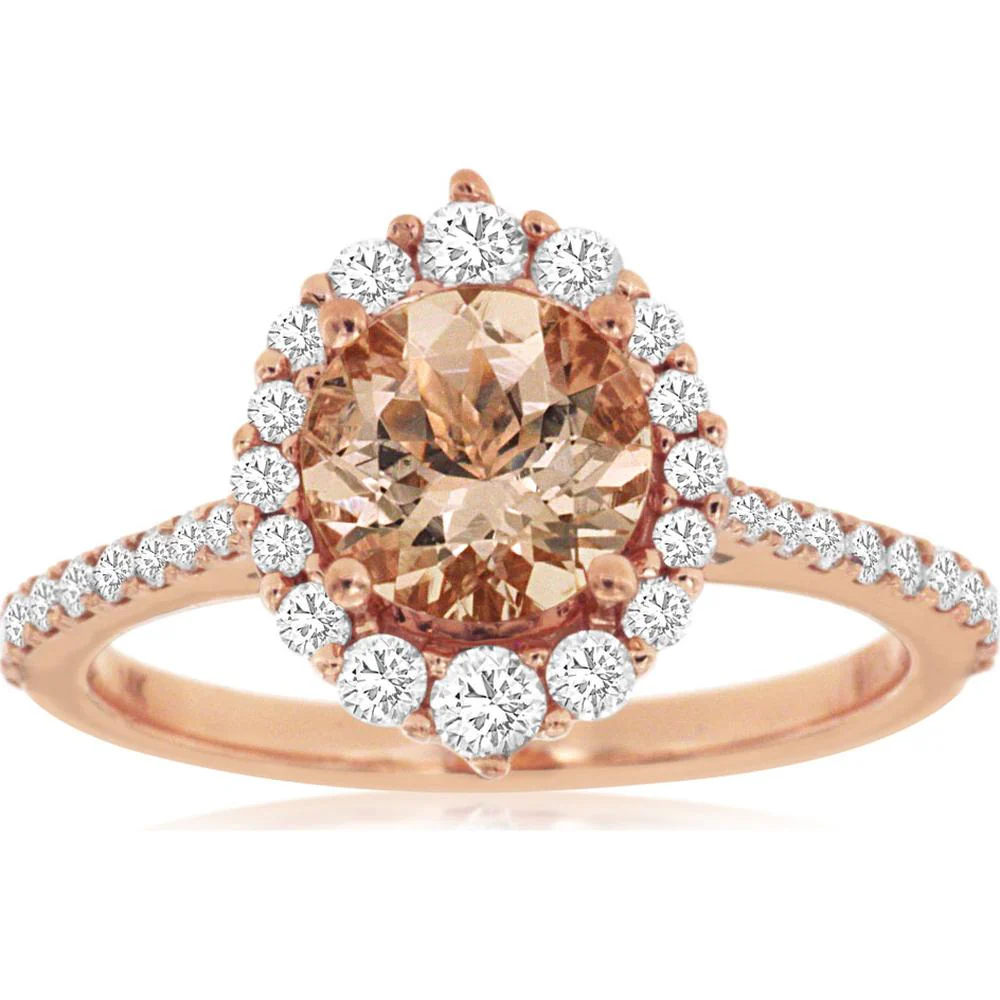 14K Rose Gold Morganite & Diamond Halo Ring - 1.25 Carats Morganite, 0.49 Carats Total Diamond Weight - Royal Jewelry