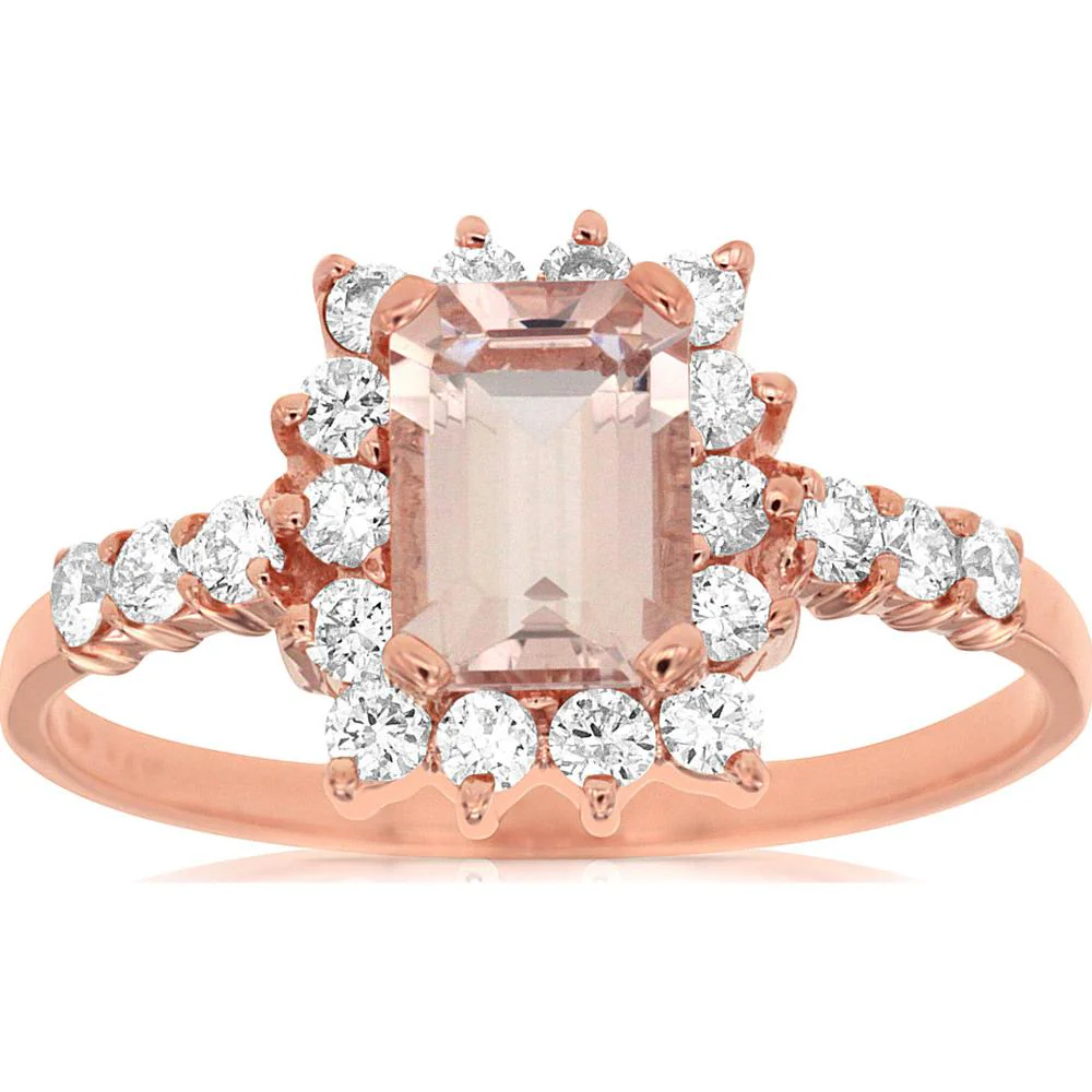 14K Rose Gold Morganite & Diamond Halo Ring - 1.45 Carats Total Diamond & Morganite Weight - Royal Jewelry