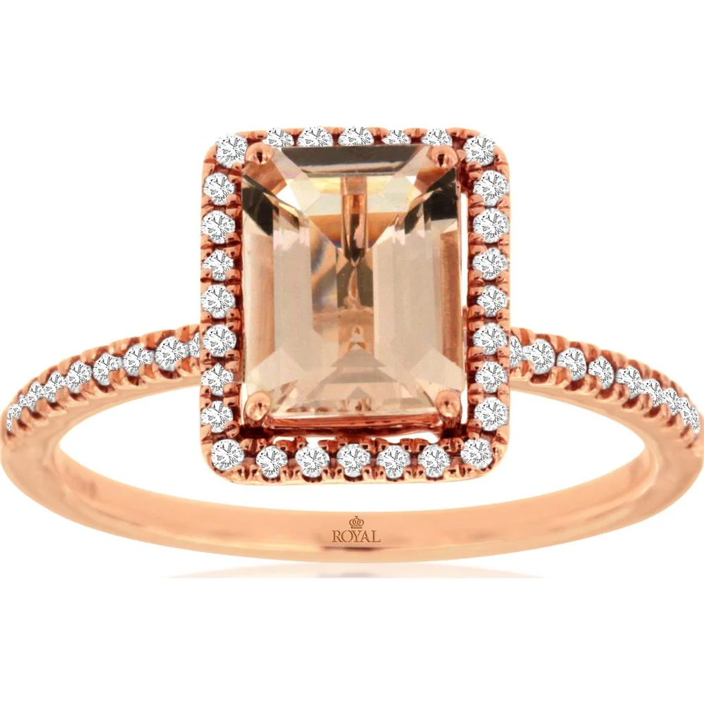 14K Rose Gold Morganite & Diamond Halo Ring - 1.6 Carats Total Weight - Royal Jewelry