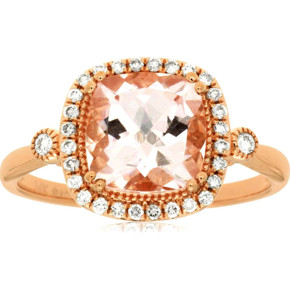 14K Rose Gold Morganite & Diamond Halo Ring - 2.18 Carats Total Gem Weight - Royal Jewelry