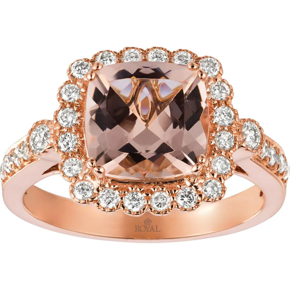 14K Rose Gold Morganite & Diamond Halo Ring - 2.60 Carats Morganite, 0.50 Carats Total Diamond Weight - Royal Jewelry