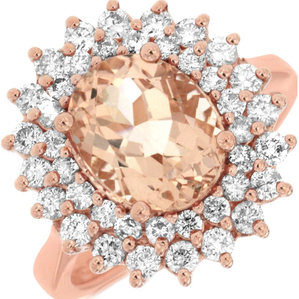 14K Rose Gold Morganite & Diamond Halo Ring - 2.60 Carats Morganite, 1.00 Carat Total Diamond Weight - Royal Jewelry