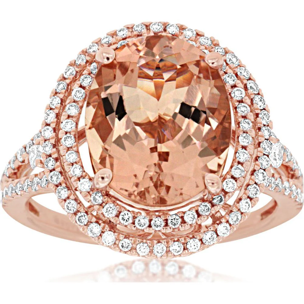 14K Rose Gold Morganite & Diamond Halo Ring - 4.54 Carats Total Gem Weight - Royal Jewelry