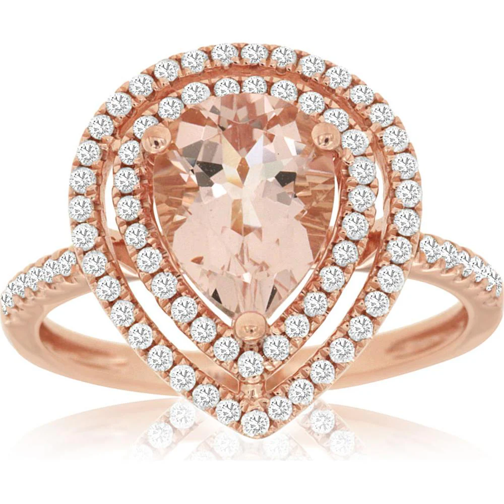 14K Rose Gold Morganite & Diamond Halo Ring with 1.20 Carats Pear-Shaped Morganite and 0.40 Carats Total Diamond Weight - Royal Jewelry