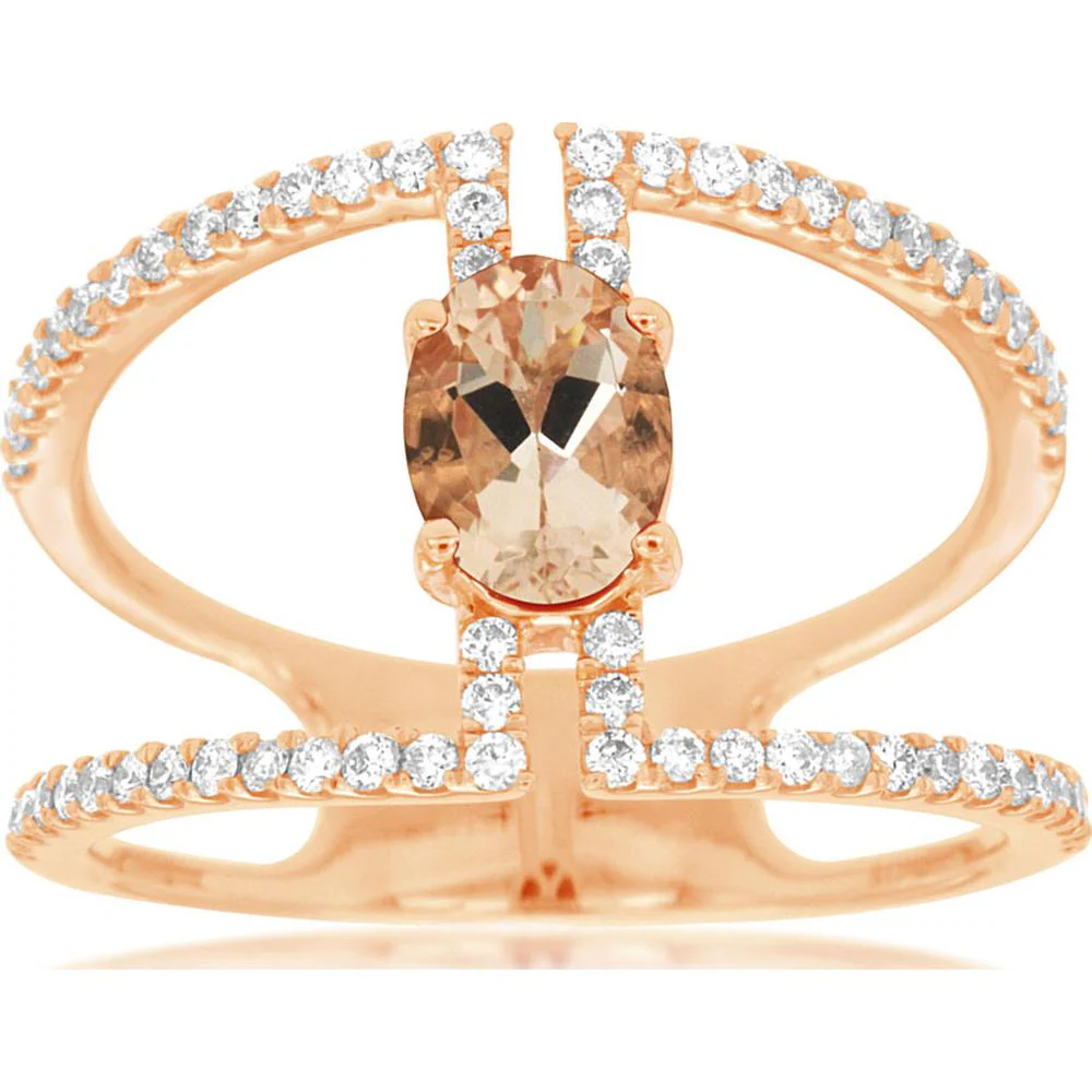 14K Rose Gold Morganite & Diamond Oval Halo Ring - 1.02 Carats Total Carat Weight - Royal Jewelry