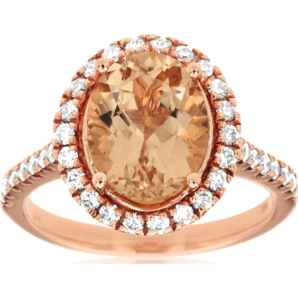 14K Rose Gold Morganite & Diamond Oval Halo Ring - 3.20 Carats Total Gemstone Weight - Royal Jewelry