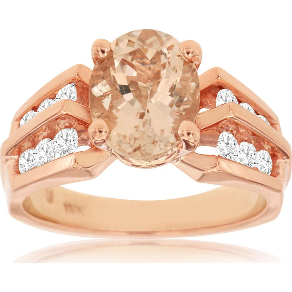 14K Rose Gold Morganite & Diamond Oval Ring - 2.60 Carats Morganite, 0.75 Carats Total Diamond Weight - Royal Jewelry
