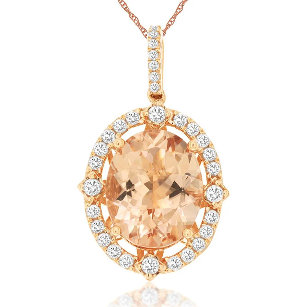 14K Rose Gold Morganite & Diamond Pendant - 4 Carat Morganite, 0.38 Carat Total Diamond Weight - Royal Jewelry