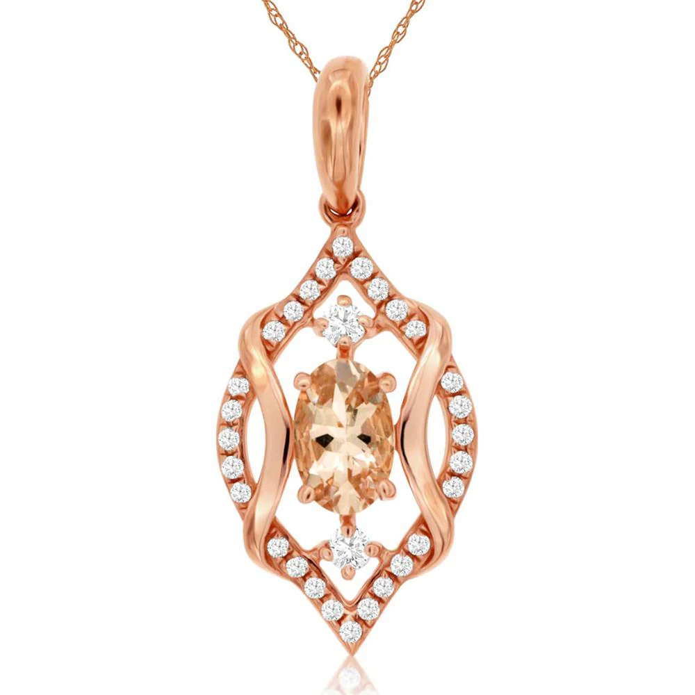 14K Rose Gold Morganite & Diamond Pendant with Oval-Shaped Morganite - 0.40 Carats Morganite, 0.12 Carats Total Diamond Weight - Royal Jewelry