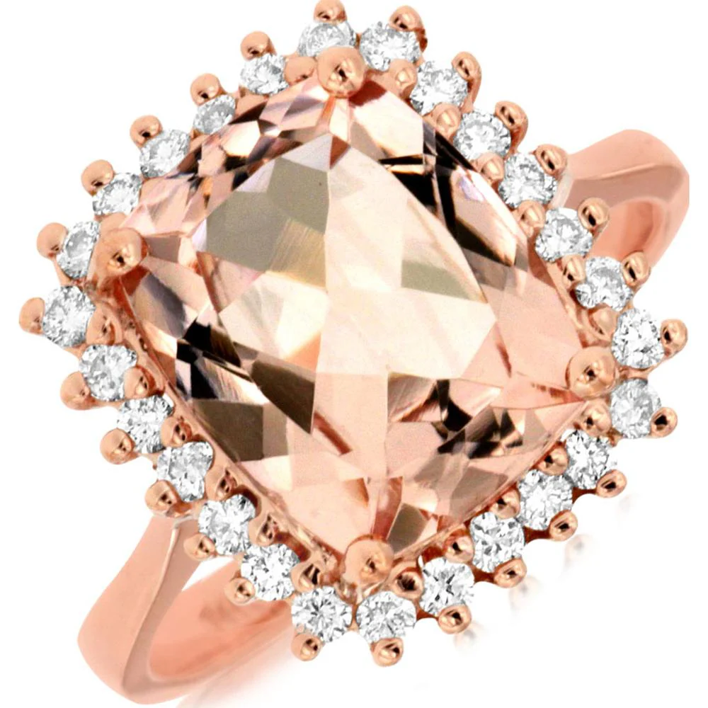14K Rose Gold Morganite Cushion Cut Ring with Diamond Accents - 4.50 Carats Total Weight - Royal Jewelry