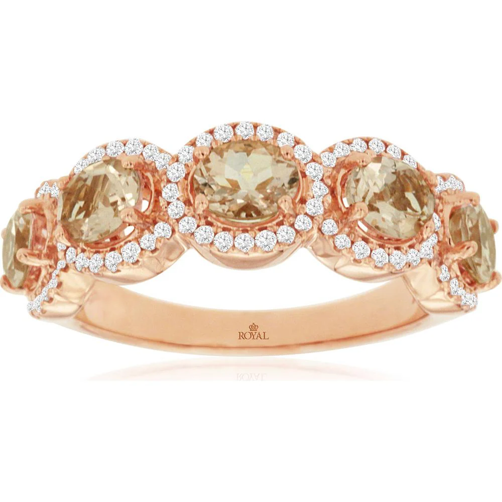14K Rose Gold Multi-Stone Ring with 1.40 Carat Round Morganite and 0.33 Carat Diamond Halo Accents - Royal Jewelry